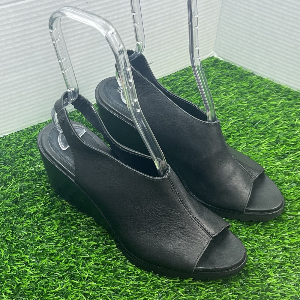 Sorel After Hour Black Leather Peep Toe Slingback‎ Heeled Wedge Sandals Sz 10.5